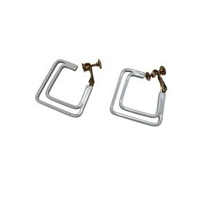 Napier White Enamel Square Hoop Earrings Screw Back Vintage Geometric Statement